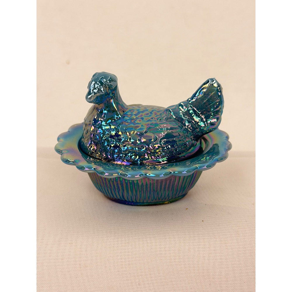 Mosser Glass Blue Carnival Hen on Nest Trinket Dish Iridescent 3 inch